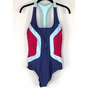 Next By Athena One Piece Swimsuit Colorblock Zip Front Racerback Athletic Padded